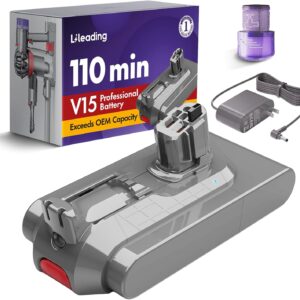 V15 110-Min Runtime Battery Replacement: with Samsung Battery Cells, Compatible with Dyson V15 Models, Animal, Torque Drive, Outsize, SV15/16/22/28/29, 970425-01, Includes Filter & Charger