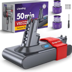 Exclusive Swapple 50 Min Runtime V10 Replacement Battery, Compatible with Dyson Animal, Absolute, Fluffy, Motorhead SV12 Cordless Stick Vacuum Cleaner, with 2 Filters and Trigger Lock