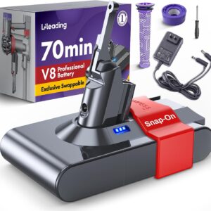 Exclusive Swapple and 1-2 Charger 70 Min V8 Replacement Battery, Compatible with Dyson V8 Animal Absolute Motorhead Fluffy, Battery Lock & 2 Filters