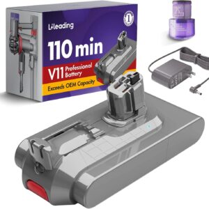 V11 110-Min Red Button Battery Replacement: With Samsung Battery Cells, Compatible with Dyson Click-in Models, V11 Animal, Torque Drive, Outsize, SV15/16/22, 970425-01, Includes Filter & Charger